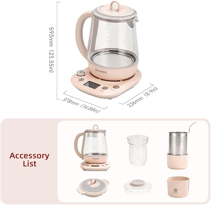 BUYDEEM Health Pot K2763-BA-PK Lite, Glass Electric Kettle for Tea & Coffee, Hot Water Boiler and Wamer with Stew Pot, Temperature Control, Pink, 1.5L