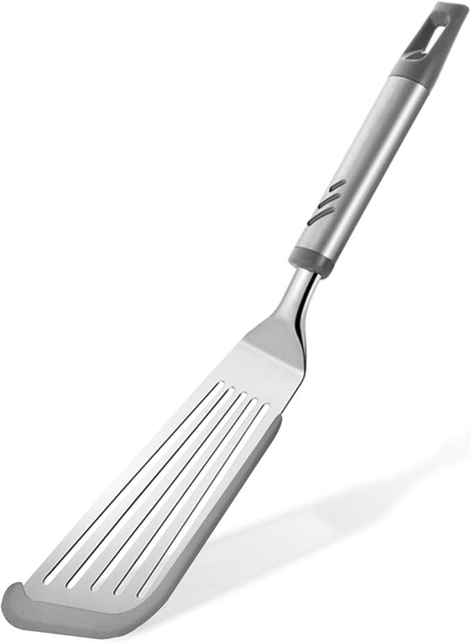 Fish Spatula for Nonstick Cookware, Stainless Steel Slotted Spatula with Silicone Edge, Flexible Metal Turner for Cooking, Flipping, Frying, 12.6" Egg Flipper Utensils, Heat Resistant Handle