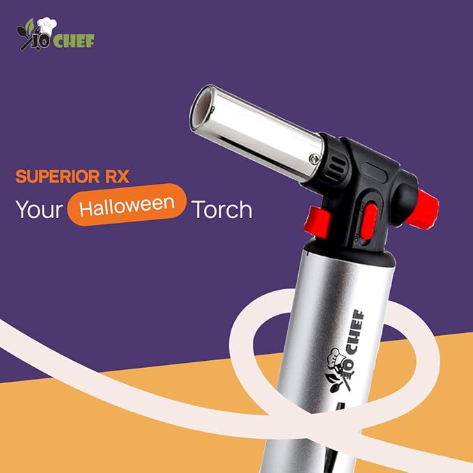 Jo Chef Kitchen Torch With Butane included, Refillable Butane Torch, Creme Brulee Torch, Blow Torch Lighter gun With Safety Lock & Adjustable Flame, 3 Cans (3.38oz) Included