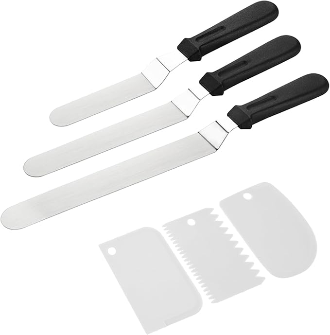 Icing Spatula, Cake Spatula, Frosting Spatula Set - 6", 8", 10" Stainless Steel Offset Spatulas with Non-Slip Handle & 3 Cake Scrapers, Angled Baking Decorating Tools
