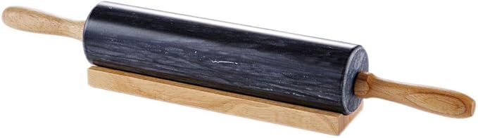 JEmarble Rolling Pin-Wooden Handles(Black)(Premium Quality) Polished Surface 18-inch(10"Barrel) Genuine Stone Non-stick Save Effort Easy to Clean