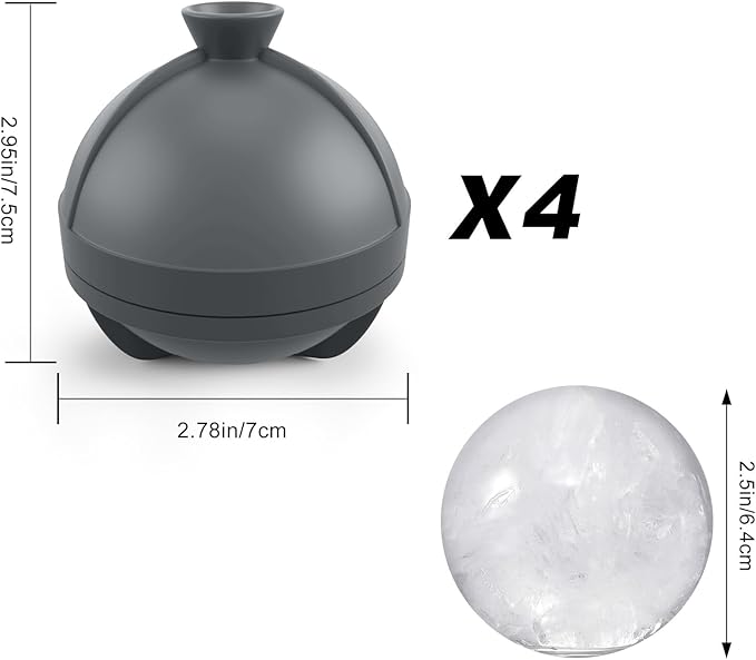 Samuelworld Large Ice Ball Maker with Lid, 4 x 2.5 Inch Round Silicone Ice Ball Mold, BPA Free, Easy To Fill Round Silicone Ice Tray, Craft Ice Maker for Whiskey, Cocktails, Gifting - Grey