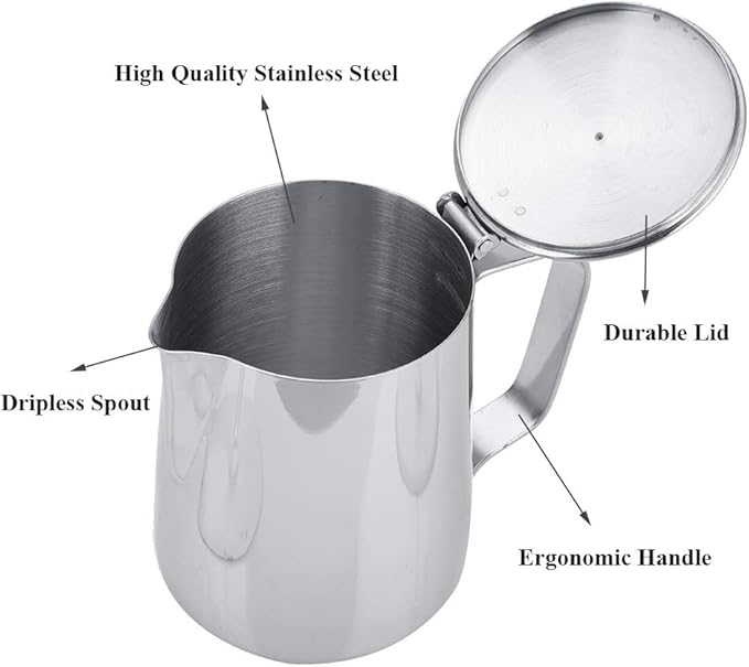 Stainless Steel Coffee Cup Mug Milk Frothing Pitcher Jug with Lid for Latte Coffee Art for Office Kitchen(2000mL)