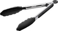 Doosu Kitchen Tongs for Cooking - 600°F Heat Resistant Food Tong with Non-Scratch Silicone Tips, Heavy Duty Stainless Steel Locking Tong for BBQ, Grilling Steak, Serving Salad, Pasta (9in, Black)