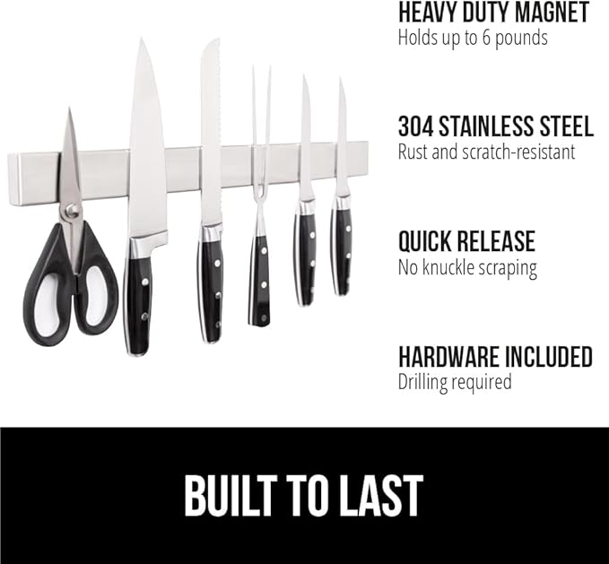 GORILLA GRIP Stainless Steel Magnetic Knife Holder for Wall, Multi-Purpose Magnet Bar for Knives, Tools, Art Supplies, Heavy Duty Strip Holds Up to 6 lbs, Kitchen Organizer, 12 Inch, Drilling Required