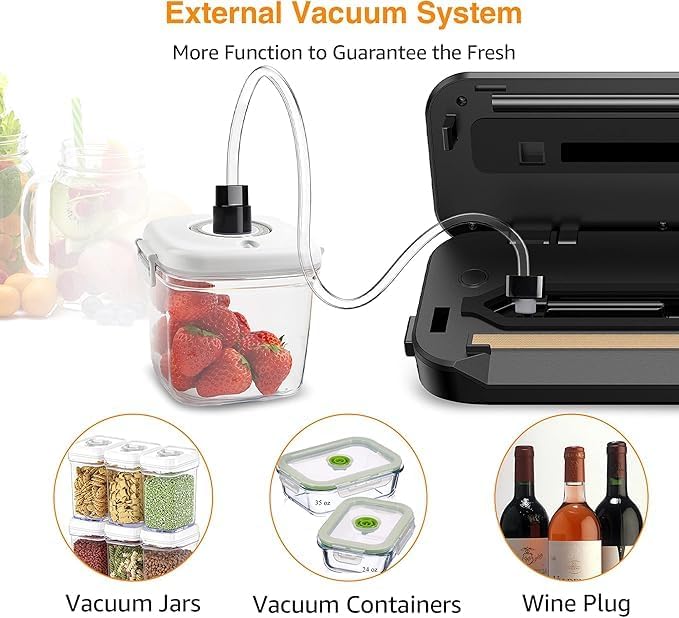 MegaWise Food Vacuum Sealer Machine – High-Power 80kPa Suction, One-Touch Operation, Built-in Cutter – Works with All Food Types, Includes Bags & Hose (Black), Keeps Food Fresh 5x Longer