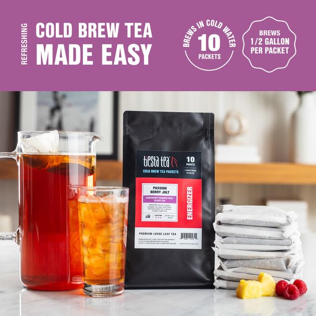 Tiesta Tea - Passion Berry Jolt Cold Brew, Loose Leaf, Raspberry Passion Fruit Black Tea, High Caffeinated, Cold Brew Packets, Makes 64 oz Pitcher Per Bag (Pack of 10)
