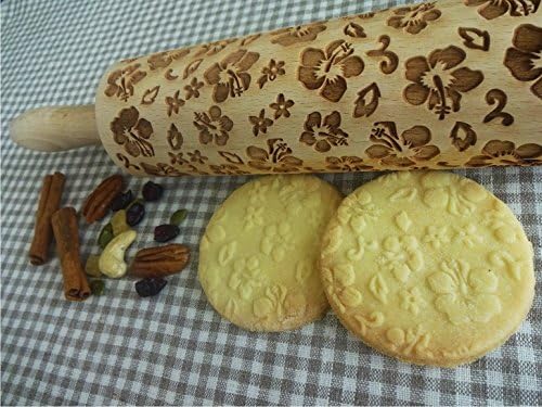 Rolling pin HIBISCUS. Wooden embossing rolling pin with Oriental flowers. Embossed cookies. Pottery. Birthday gift. Gift for mother