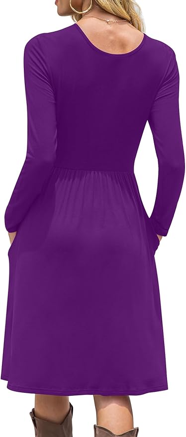 DB MOON Women Casual Long Sleeve Dresses Empire Waist Knee Length Loose Dress with Pockets