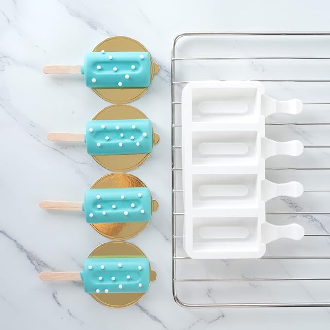 Pastry Tek 4 Cavities Popsicle Mold, 1 Cylinder Cakesicle Mold - Flexible, Freezable, White Silicone Cake Popsicle Mold, Easy Release, For Baking - Restaurantware