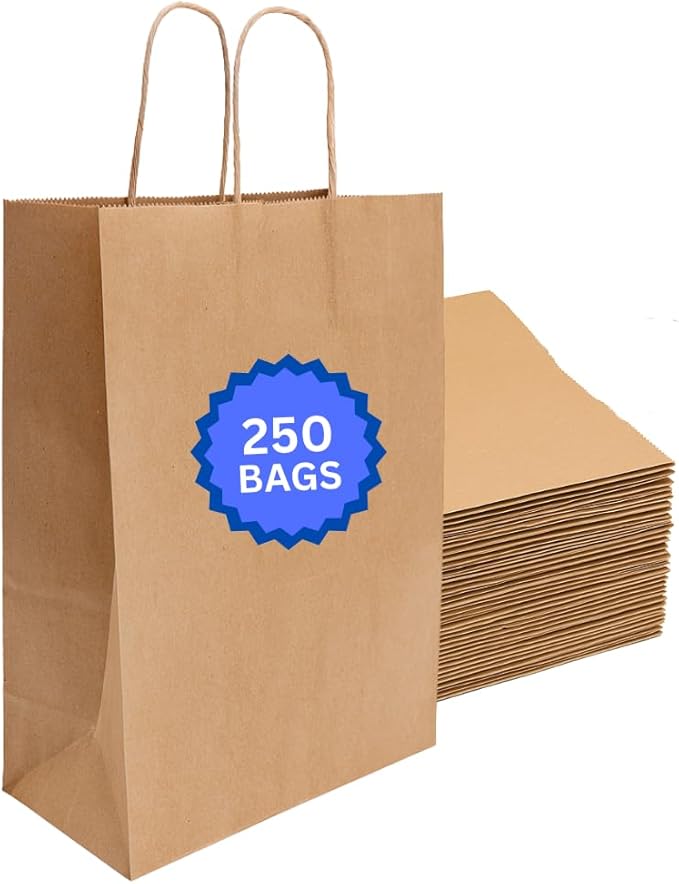 ASSUREPAK DIY Earth Friendly Paper Bags - 10"x6.75"x12" - 250 Bags - 90 GSM - Kraft/Natural - Gift Bags for Decorating & Graduation Parties