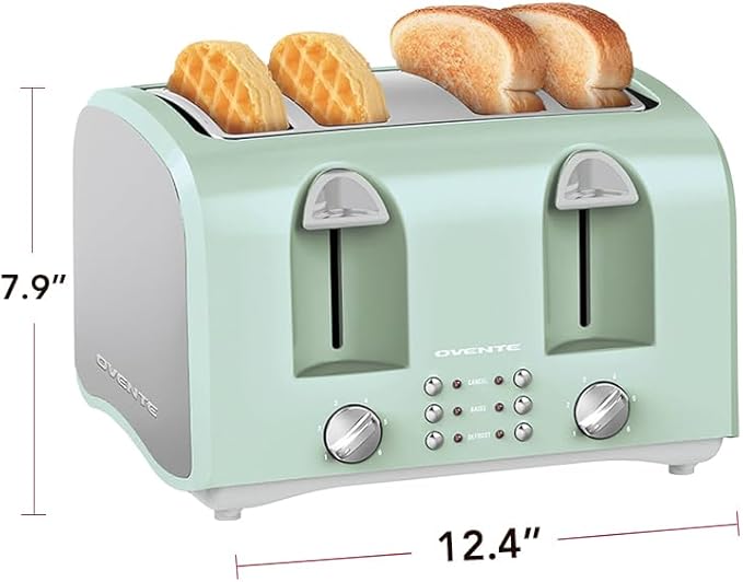 OVENTE Electric 4-Slice Toaster Machine with 6-Shade Selector Setting, Cancel Button, Defrost Function, Crumb Tray, 1400W Power and Wide Slots for Bagels, Waffles and Puff Pastry, TS4410LBL