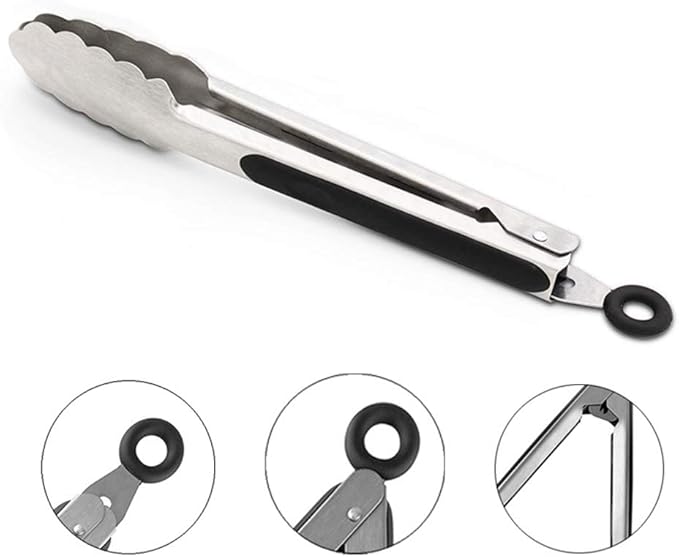 ALLTOP Metal Cooking Tongs,Stainless Steel Food Tong with No-slip Silicon and Locking Ring for Kitchen - 9 &12 inch,Set of 2-Black