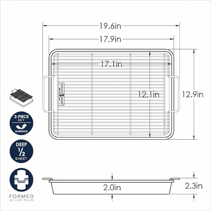 Nordic Ware High-Sided Half Sheet Oven Crisping Baking Tray with Rack, Natural Nonstick Aluminum For Air Frying, Crisping, Broiling, Baking; Cooking Surface 17.9 x 12.9 x 2 inches