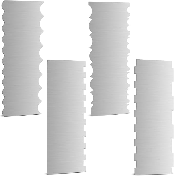 4 Pieces Stainless Steel Cake Scraper 10 Inch and Sided Patterned Edge Stripe Edge Smoother Scraper Cake Decorating Comb Cake Pastry Cutter for Mousse Butter Cream Cake Decoration