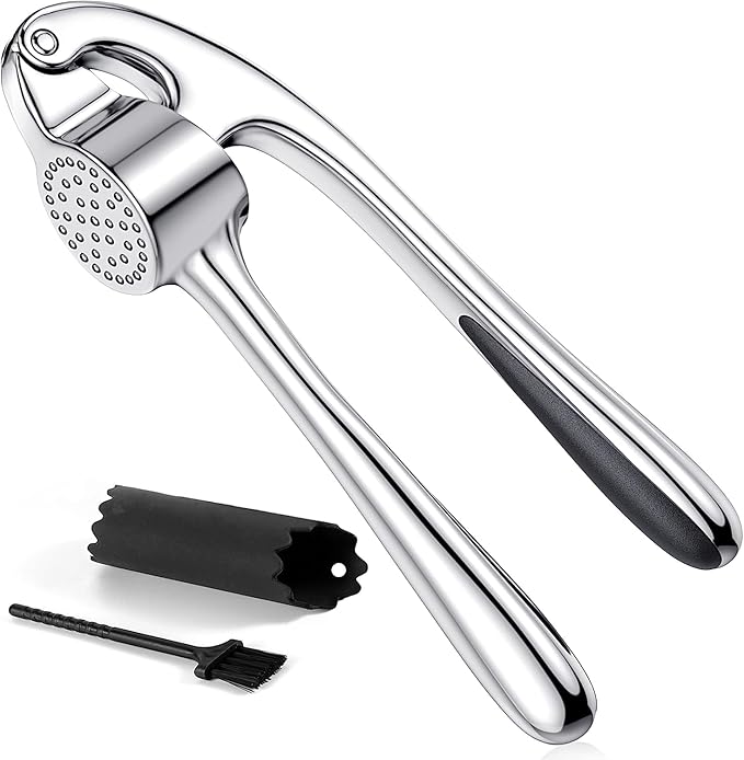 Premium Garlic Press Stainless Steel - Elevate Your Culinary Experience with Our Premium Garlic Mincer, Crusher & Peeler Set, Dishwasher Safe & Rust-proof (Silver)