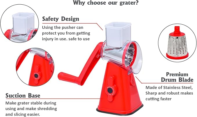 Premium Rotary Cheese Grater - Effortless Grating for Perfectly Shredded Cheese Every Time! (Red)