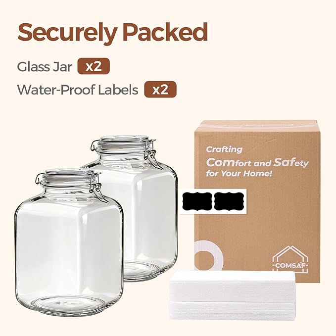 ComSaf 1 Gallon Glass Jar with Lid, Flour Sugar Storage Containers 128oz, Cereal containers storage, Glass Jars with Airtight Lid, Large Storage Containers with Lids for Pickled Egg, Herb, Set of 2