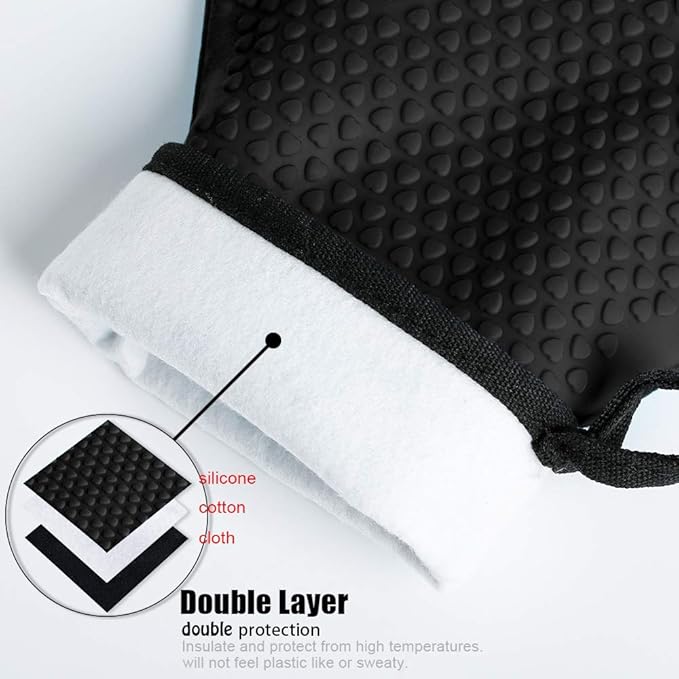 Kitchen Oven Gloves - Dual-Layer Heat Resistant Grilling Gloves, Silicone Oven Mitts with 5 Fingers, Waterproof Non-Slip Pot Holder for Barbecue, Cooking, Baking (Black)