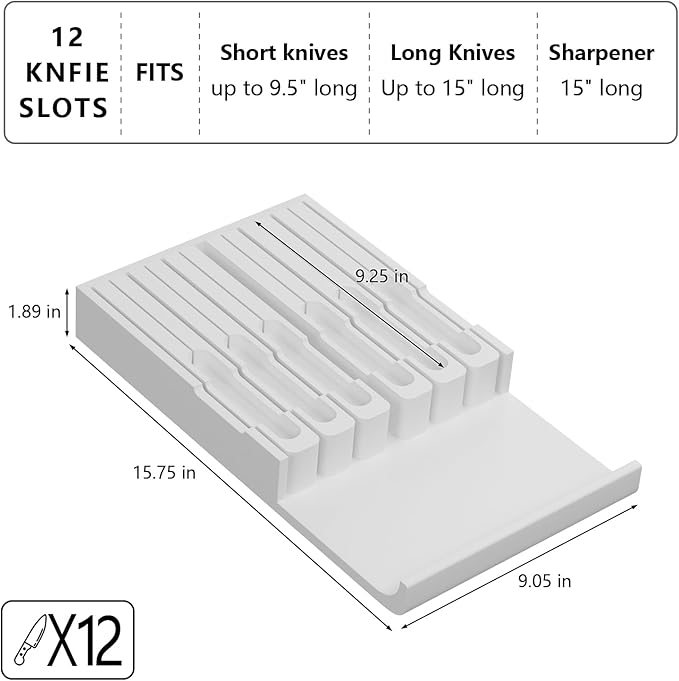 Domax Bamboo In-drawer Knife Block - Knife Drawer Organizer Insert Large Handle Steak Knife Holder, Kitchen Drawer Knife Organizer Fits for 12 knives and 1 Sharpening Steel (Not Included), White
