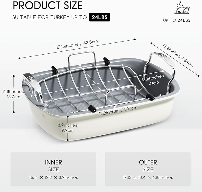 Roasting Pan, 17 Inch x 13 Inch Roaster with Removable Rack, Nonstick Roaster Pan for Roasting Turkey, Meat & Vegetables (Beige)