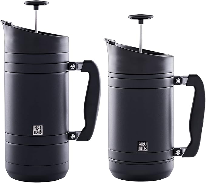 BruTrek BaseCamp Coffee Press - Double Wall Insulated Stainless Steel - Bru-Stop Technology, No Grounds in Coffee, No Spill Lid (Obsidian, 48 fl.oz)