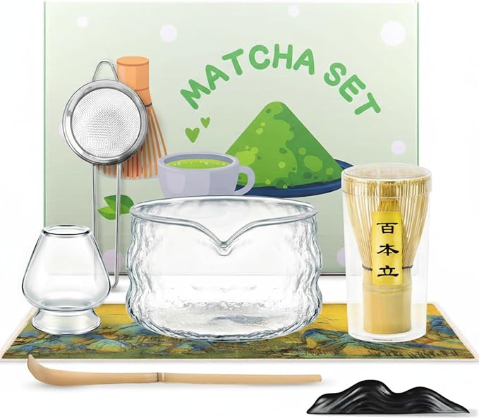 OUTXE Matcha Whisk Set, 7 PCS Matcha Kit for Ceremony, with Clear Matcha Bowl, Spout, Bamboo Whisk& Holder, Stainless Steel Sifter, Japanese Ceremonial Gift for Family/Friend/Macha Lover Starter