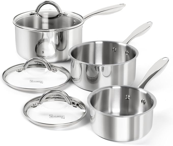 MICHELANGELO Saucepan Set 6pc, Triply Stainless Steel Sauce Pan with Lids 1QT & 2QT &3QT, Kitchen Cooking Pot for Home Use, Dishwasher Safe & Induction Compatible