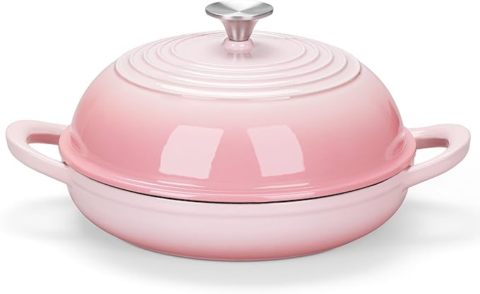 E-far Dutch Oven for Sourdough Bread Baking, 6 Qt Round Enameled Cast Iron Dutch Oven for Homemade Artisan Bread, Dome Lid & Shallow Base, Matte Black Interior & Durable, Oven-Safe to 500℉, Pink