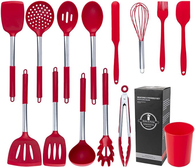 Silicone Kitchen Tools - Non - Stick, Anti - Slip, High - Temperature Resistant, Scald - Proof 14 - Piece Set with Stainless Steel Tube Handles & a Storage Bucket (Gray)