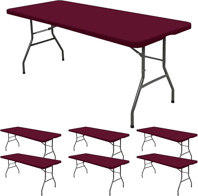 6 Pack Stretch Fabric Table Top Cap Cover, fits 6' Tables, Spandex Table Covers Washable Elastic Rectangle Tablecloth Protector for Indoor Outdoor Party Picnic Wedding, Wine Red, 30" W x 72" L