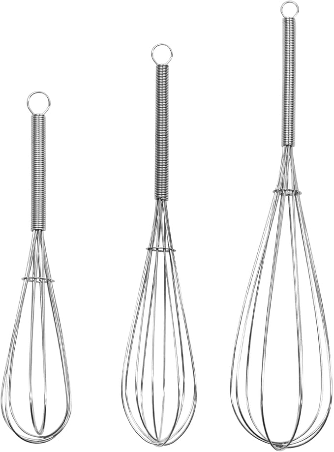Mini Wire Whisk, 3-Pack - 8, 10 & 12 Inch Small Whisk for Cooking - Ergonomic Spiral Handle, 304 Stainless Steel - Ideal for Whisking, Beating, Blending & Mixing Sauces - Silver