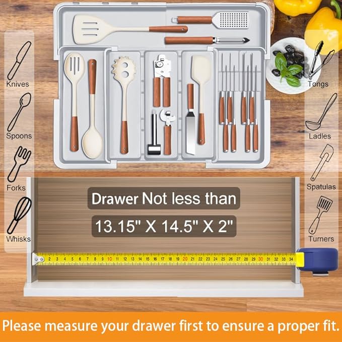 Large Utensil Organizer for Kitchen Drawer, Expandable Silverware Drawer Organizer Cooking Tray, Cutlery and Flatware Utensil Holder Kitchen Spatula Tools Storage with 3 Dividers, Grey