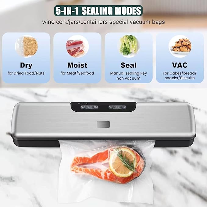 Food Saver Vacuum Sealer Machine-100 Times Consecutive Works | 5mm Sealing Wire | 5 Food Modes | Compact Design Dry&Moist Multi-Functional Storage with 10 Vacuum Seal Bags