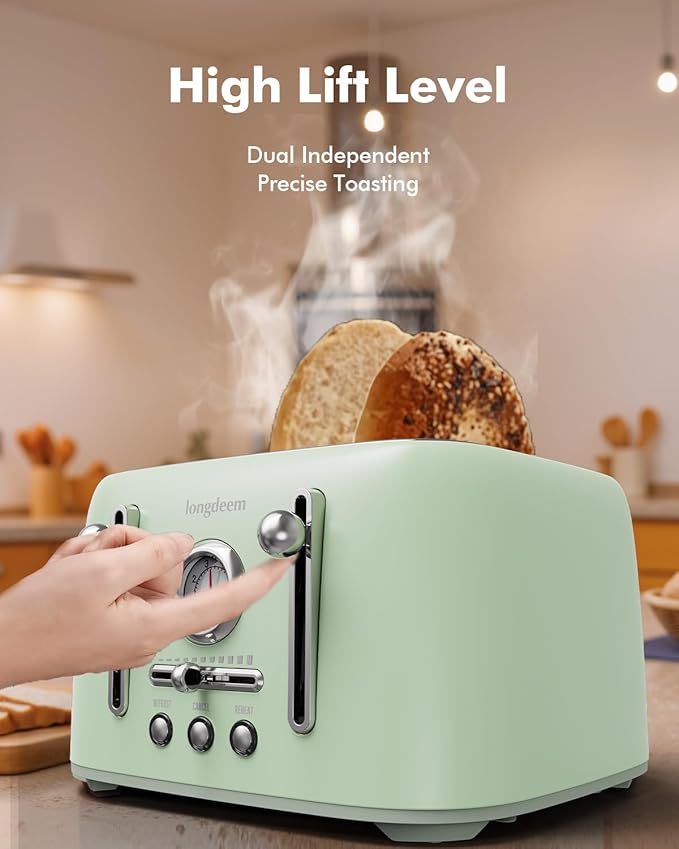 LONGDEEM Retro 4-Slice Toaster 1.6" Wide Slots - 6 Toast Settings with Bagel Function, Stainless Steel Body, Defrost/Cancel Button & Crumb Tray, Vintage Green