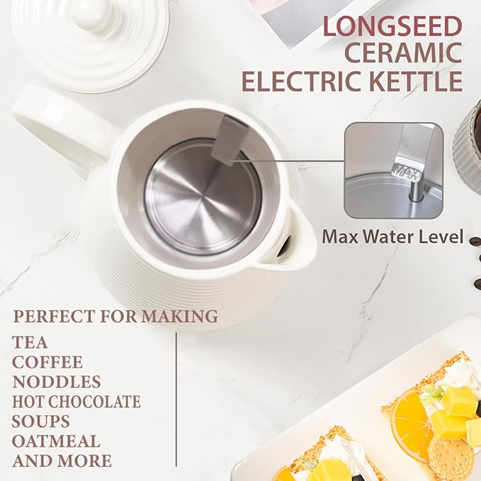 1.26 Quarts Ceramic Electric Kettle with Infuser & Cups Kit, Boil Water Teapot, Boil-Dry Protection Auto Shut-off, Detachable Swivel Base, 1000W Fast Boiling for Tea and Coffee