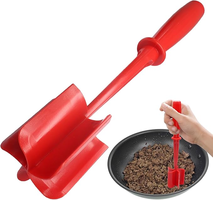 Meat Masher, 5 Curve Blade Hamburger Chopper, Heat Resistant Meat Masher for Ground Beef, Mix and Chop Kitchen Tool, Food Smasher Tool for Hamburger, Beef, Potato, Tomato, Avocado (Red)
