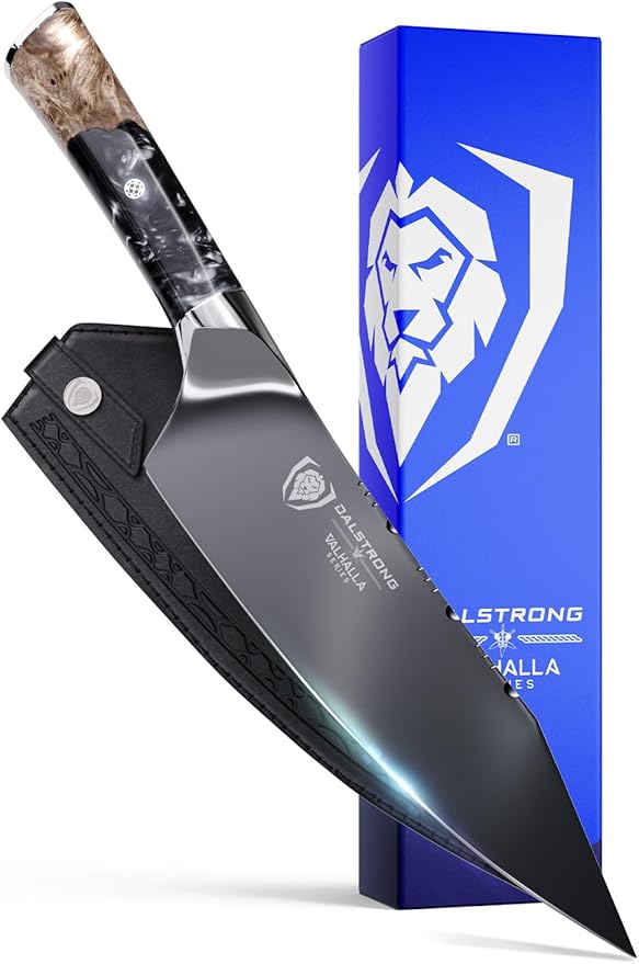 DALSTRONG Chef Knife - 8 inch - Valhalla Series - Ravenstone Black Blade Titanium Coated - Premium 9CR18MOV HC Steel - Resin & Wood Handle - Razor Sharp - Kitchen Cooking Chef's Knife - Leather Sheath