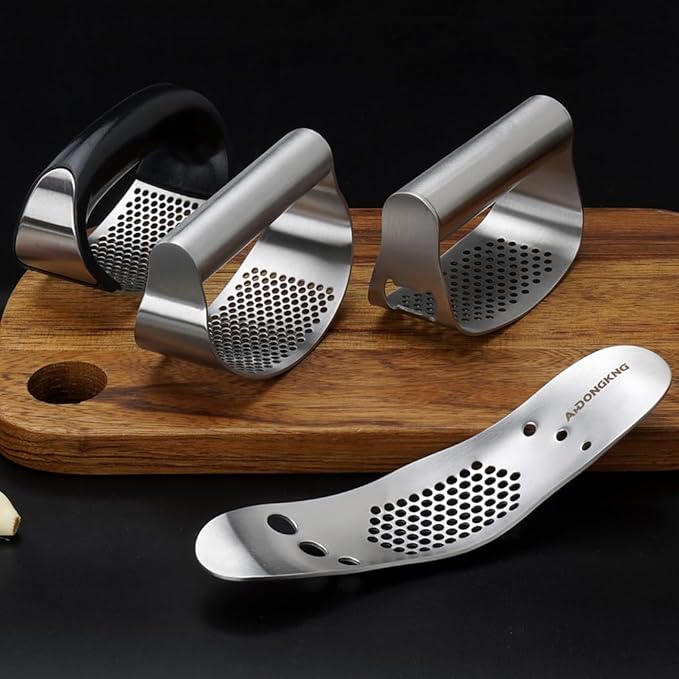 Garlic Press Rocker & Leaf Herb Stripper, Silicone Roller Peeler, Bottle Opener, Stainless Steel Garlic Crusher Chopper Squeezer Slicer Mincer