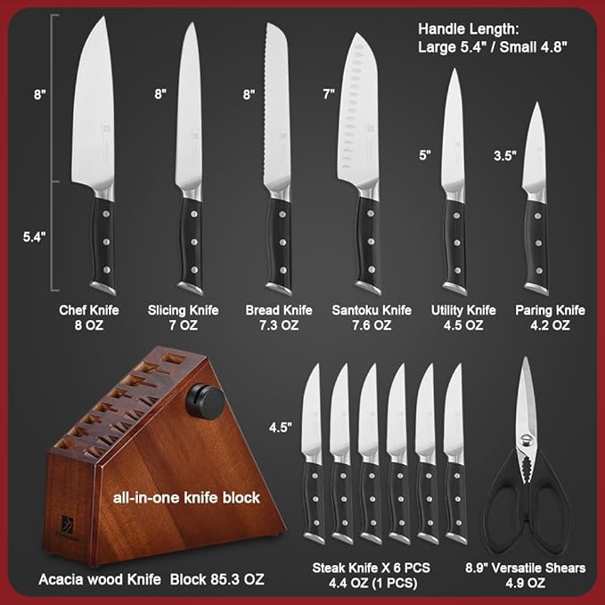 Knife Set,15-Piece Kitchen Knife Set with Block and Sharpener,50Cr15Mov High Carbon Stainless Steel,Razor Sharp Professional Knives,Ultra-Smooth knife,Ergonomic Black Anti-slip Handles,Dishwasher Safe