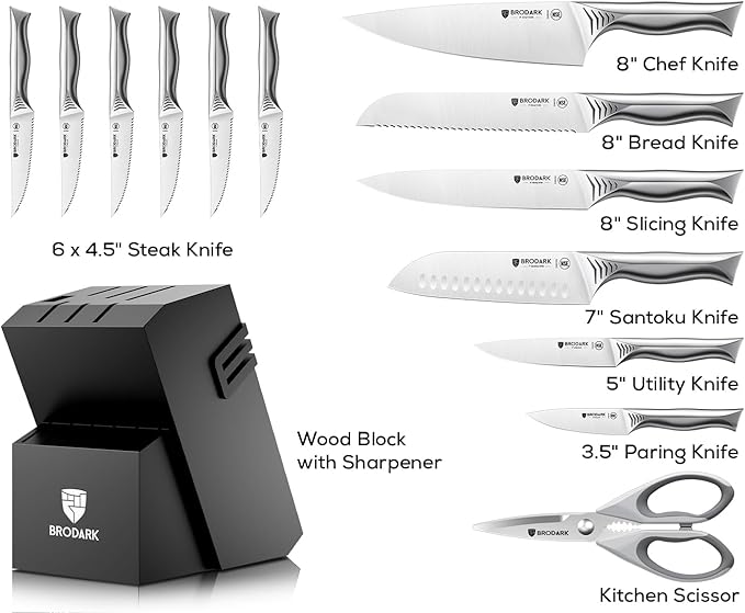 BRODARK Kitchen Knife Set with Block - 15-Piece Knife Block Set with Built-in Sharpener - High Carbon Stainless Steel Kitchen Knives Set for Kitchen - Christmas Gift, Shark Series