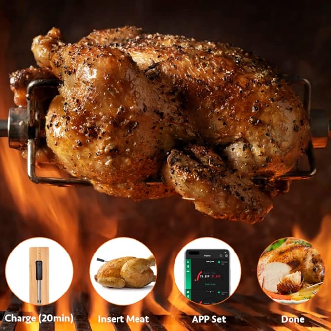 Smart Meat Thermometer, Wireless Food Thermometer Bluetooth with Smart Alert, 300ft Range, IP67 Waterproof for Smoker, BBQ, Kitchen, Air Fryer, Oven, Grill