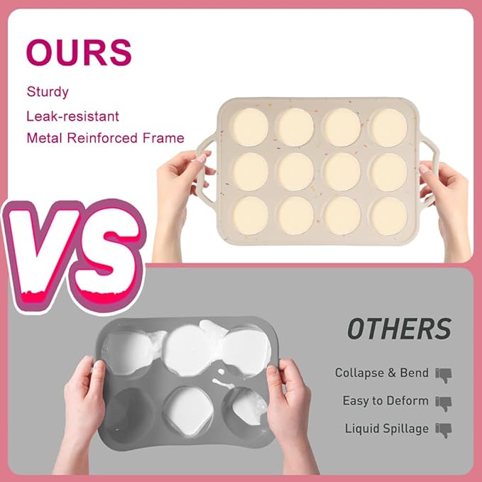 2 Pack Silicone Muffin Pan with Metal Reinforced Frame, 12 Cups Regular Size Silicone Cupcake Pan, Nonstick silicone Cupcake Molds for baking Homemade Muffins, Cupcakes, Egg Bites