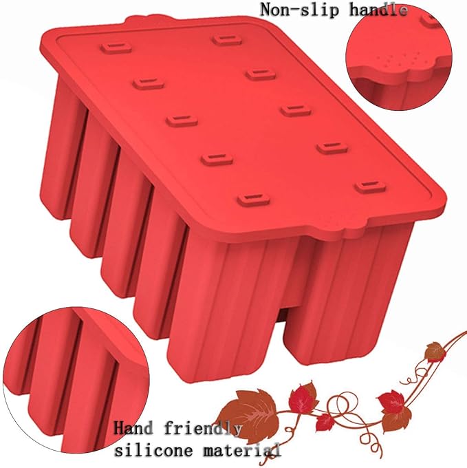 Silicone Popsicle Molds, 10 Cavity, BPA-Free, Red, Cone Shaped, Food Preparation Molds with Sticks and Funnel
