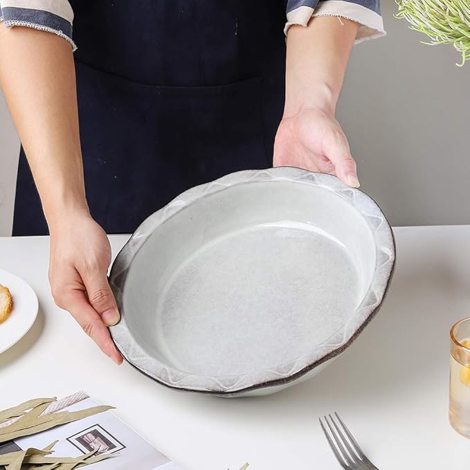 Ceramic Pie Pan, 9 Inches Pie Plate, Pie Dish for Dessert Kitchen, Round Baking Dish Pan for Dinner, Wrapping Upgrade, Reactive Glaze (Variable Grey)