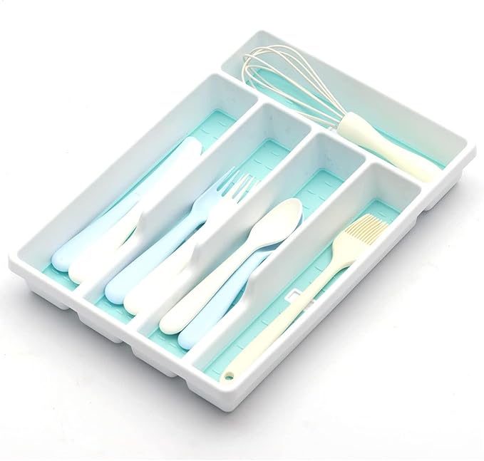 Cutesun Silverware Drawer Organizer Tray, Desktop Plastic Drawer Storage, Cutlery Storage for Kitchen Drawer, Flatware and Utensil Holder Divider for Spoons Forks Knives Tableware, 5 Compartment, Blue
