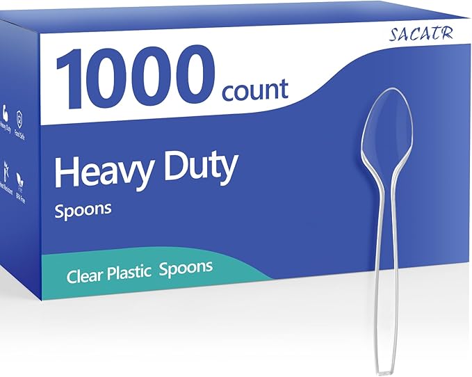 SACATR 1000 Count Clear Plastic Spoons Bulk - Plastic Silverware Spoons Heavy Duty, Premium Disposable Spoons, BPA-Free, Heat Resistant, Suitable for Parties, Events, and Everyday Use