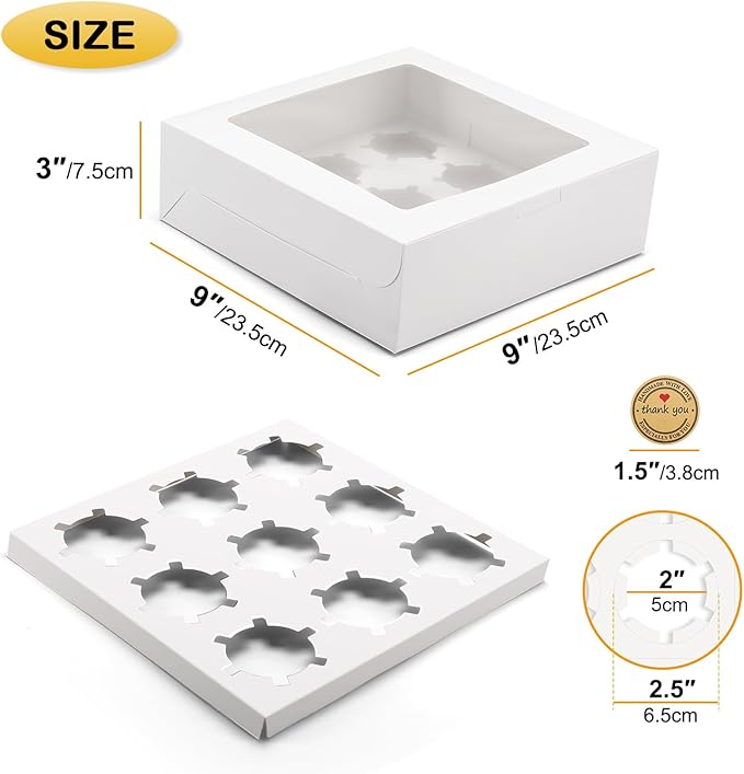9-Count White Cupcake Boxes with Window and Insert, 9x9x3 Inch, Set of 8, Suitable for Cupcakes, Muffins, and Cookies