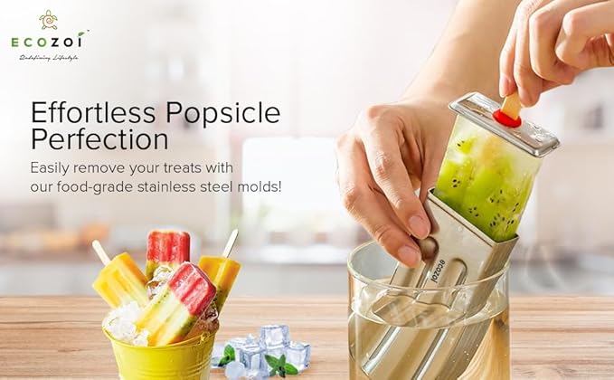 ecozoi Stainless Steel Popsicle Molds and Rack - 10 Square Ice Pop Makers + 50 Reusable Bamboo Sticks + 20 Silicone Seals + 1 Cleaning Brush + 1 Rack