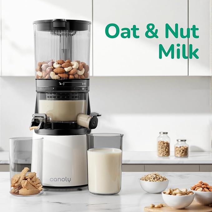 Canoly C16 Cold Press Juicer, 6" Extra Wide Feed Chute, 3-IN-1 Strainers (Juice & Sorbet & Nut Milk), Powerful AC Brushless Motor, Self Precut System, Juicer Machines with BPA-Free (Pearl White)